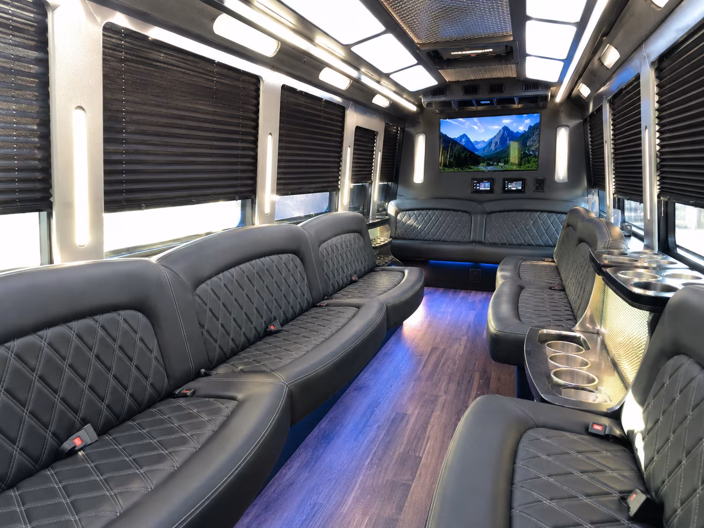 Passenger seating aboard a party bus rental serving Midland